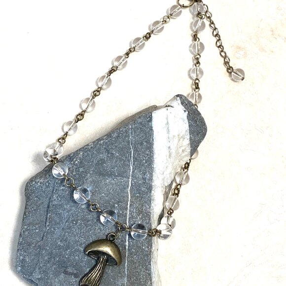 Genuine Clear Quartz Short Necklace, Bronze Slim Mushroom + Natural Gemstone - Picture 6 of 16